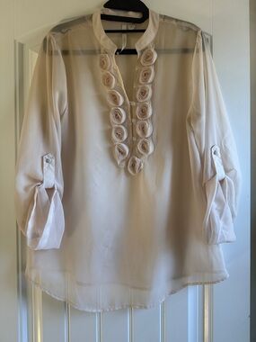 LC Lauren Conrad Cream Rosette V-Neck Sheer Tunic